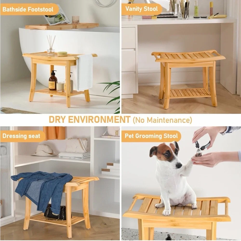 Zhuoyue Bamboo Spa Bath Shower Stool & Bench with Storage Shelf, Shower Bath